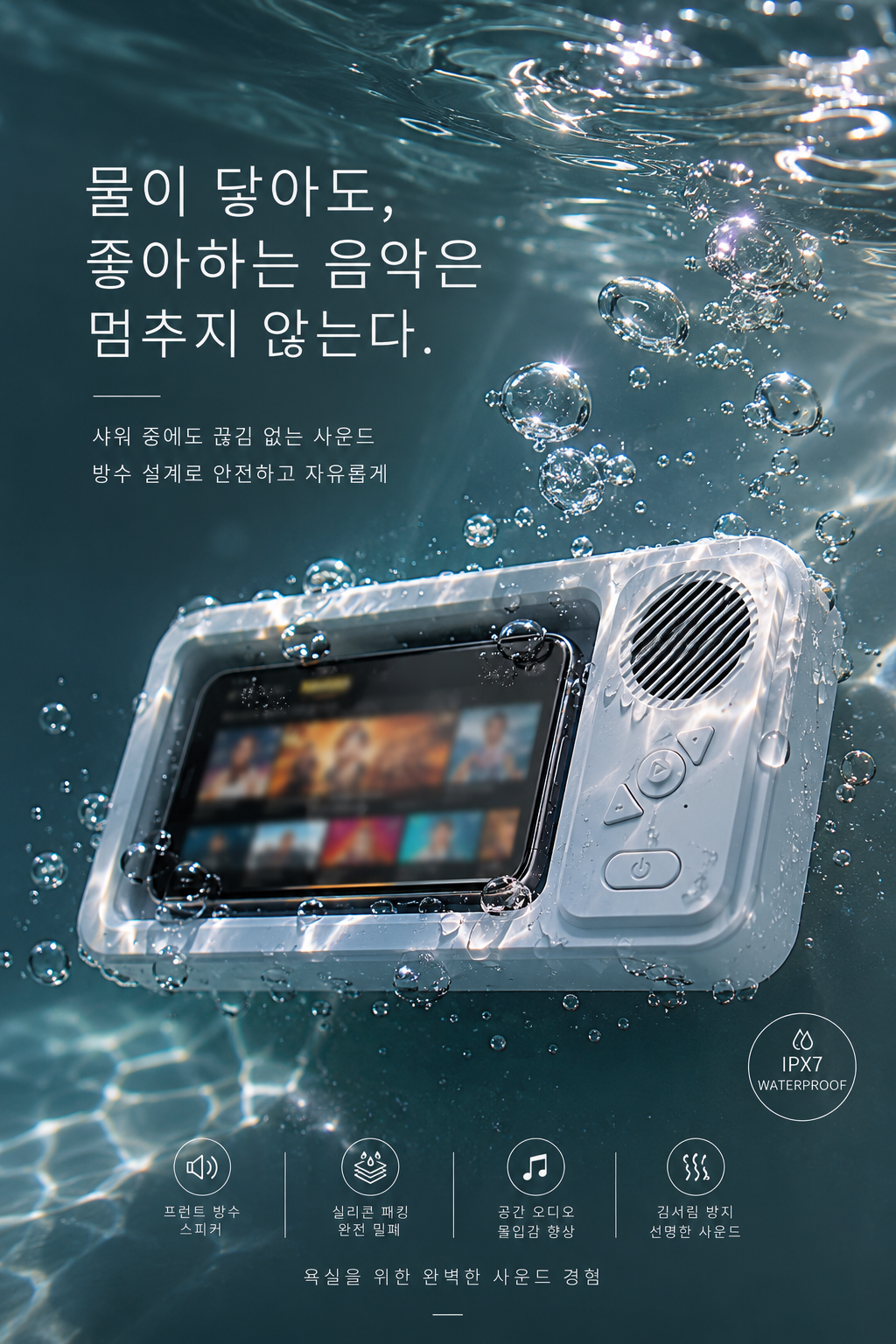 샤워 핸드폰 홀더 [블루투스 스피커+Perforated amplification 기능] 공간음향,김서림 방지 스마트 스크린,White,욕실용 방수